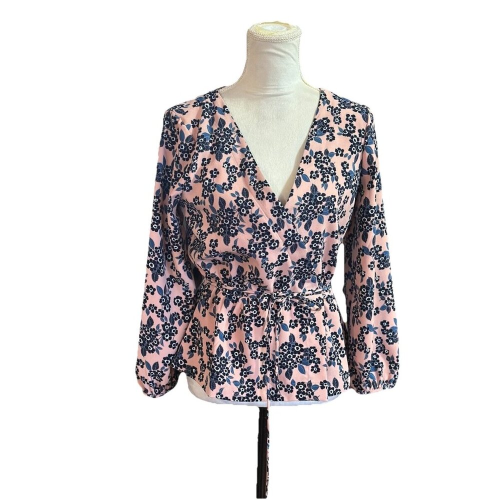 J Crew Women's Floral Puff Sleeve Faux Wrap Peplum  Blouse Waist Tie Size S